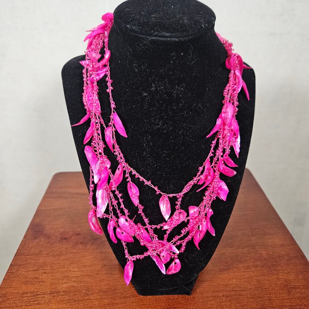 Hot Pink Beaded Feather Fashion Necklace